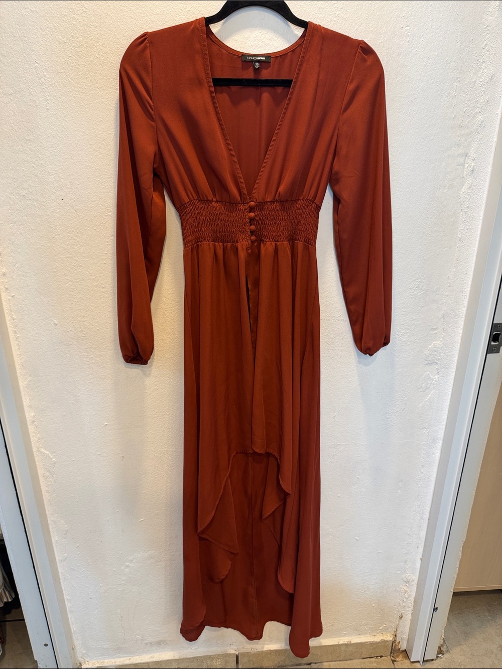 Fashion Nova Burnt Orange High-Low V-Neck Maxi Dress